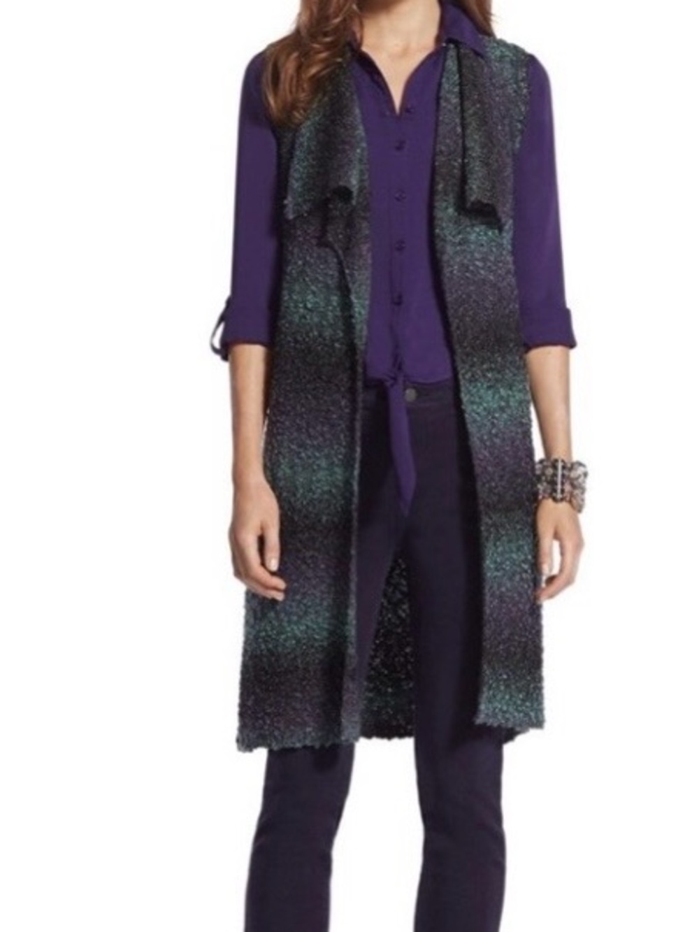 Chico’s Rowan Ombre Metallic Boucle Long Duster Vest Teal Purple Size 0